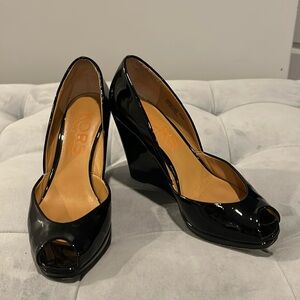 Michael Kors Leather Patent Wedge Peep Tie High Heels 5.5